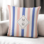 Cojín Decorativo Bandas azules rosadas con iniciales monogramos<br><div class="desc">almohada de hilado con rayas claras rosas y de maíz azul y blanco con sus iniciales monogramadas en gris oscuro sobre una forma ligera de diamante neotral. Todos los colores son personalizable.</div>