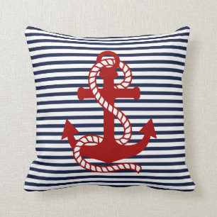 Cojín Decorativo Bandas blancas azules de la Marina Náutica y ancla