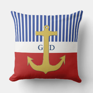 Cojín Decorativo Bandas blancas estrechas y oro de ancla + tu trase