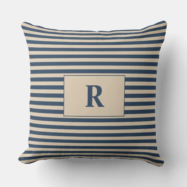 Cojín Decorativo Bandas de azul/vainilla monogramadas (Anverso)