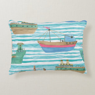 Cojín Decorativo Bandas De Barco: Patrón De Pintura De Acuarela.