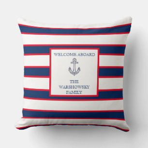 Cojín Decorativo Bandas de monograma náutico Marina Azul Blanco Roj