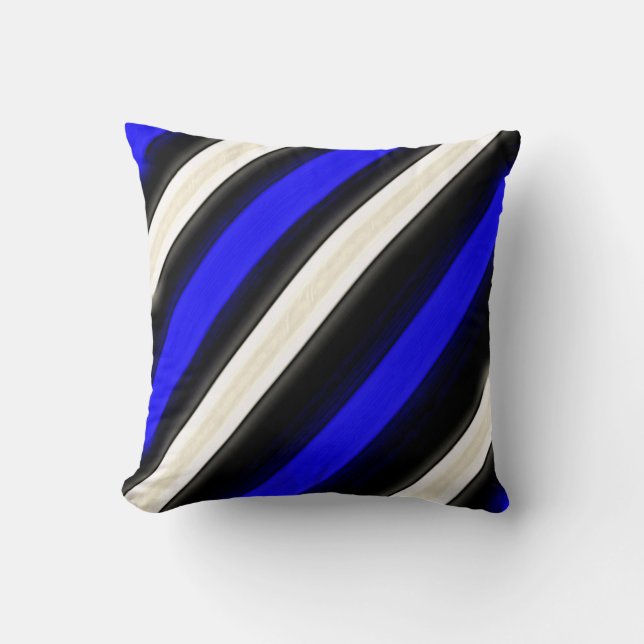 Cojín Decorativo Bandas diagonales azul, negro y blanco de cobalto (Anverso)