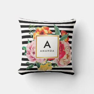 Cojín Decorativo Bandas negras acuarela Peony Flowers Monograma