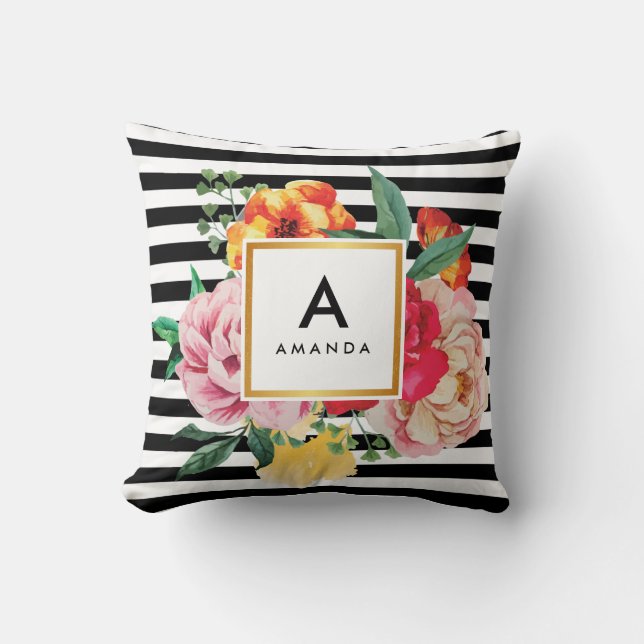 Cojín Decorativo Bandas negras acuarela Peony Flowers Monograma (Anverso)