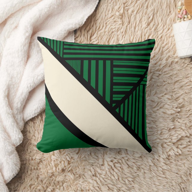 Cojín Decorativo Bandas triangulares: verde, crema y negro (Manta)