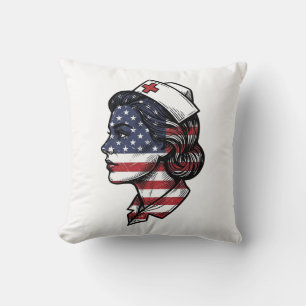 Cojín Decorativo Bandera Americana Vintage Perfil de Enfermera Dise