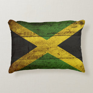 Cojín Decorativo Bandera de Jamaica en grano de madera viejo