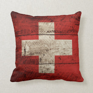 Cojín Decorativo Bandera de Suiza en antiguo grano de madera