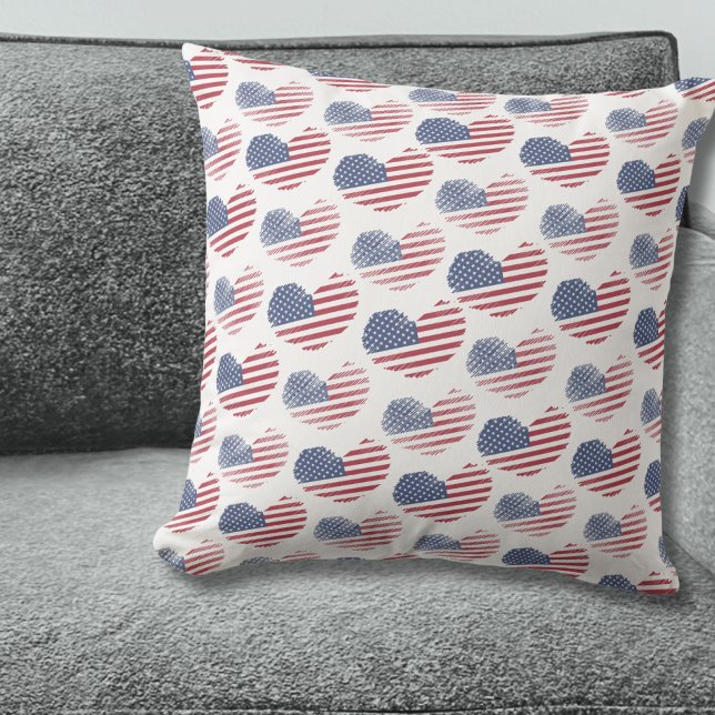 Cojín Decorativo Bandera estadounidense azul blanco rojo Patriótico (Cute Patriotic American Flag Rustic Heart Pattern Throw Pillow)