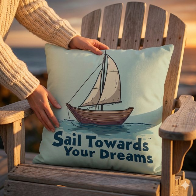 Cojín Decorativo Barco de Vela Antiguo Cita Inspiradora Náutica (Vintage Sailboat Nautical Inspirational Quote Throw Pillow Mockup A)