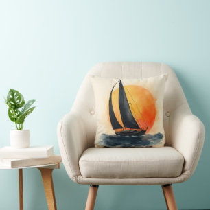 Cojín Decorativo Barco de vela en acuarela al atardecer