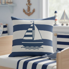 Cojín Decorativo Barco de Vela Náutico & Raya Azul Marino Blanco ID