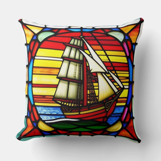 Cojín Decorativo Barco de Vela Sobre Olas del Océano (Anverso)
