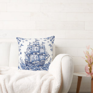 Cojín Decorativo Barco Mercante Estilo Delft Azul Blanco
