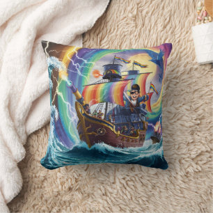 Cojín Decorativo Barco pirata colorido navegando por mares tormento