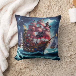 Cojín Decorativo Barco pirata combatiendo los mares tormentosos de