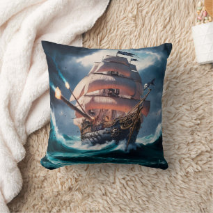 Cojín Decorativo Barco pirata navegando mares tormentosos al anoche