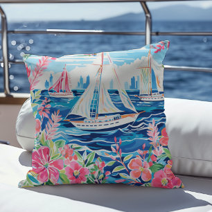Cojín Decorativo Barcos de vela de acuarela Floral rosa Ciudad Pais