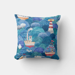 Cojín Decorativo Barcos y faro: acuarela infantil