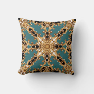 Cojín Decorativo Barroco dorado, diseño adornado de lujo.