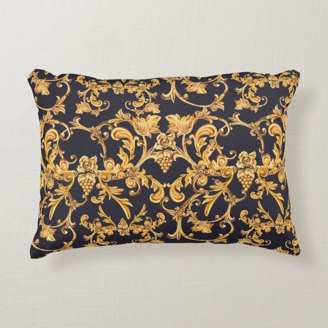 Cojín Decorativo Barroco dorado, patrón de hojas de desplazamiento. (Anverso)