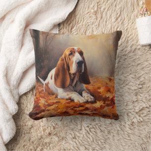 Cojín Decorativo Basset Hound en otoño inspira la caída de las hoja