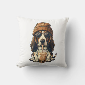 Cojín Decorativo Basset Hound Hipster Perro Bebiendo Café Helado