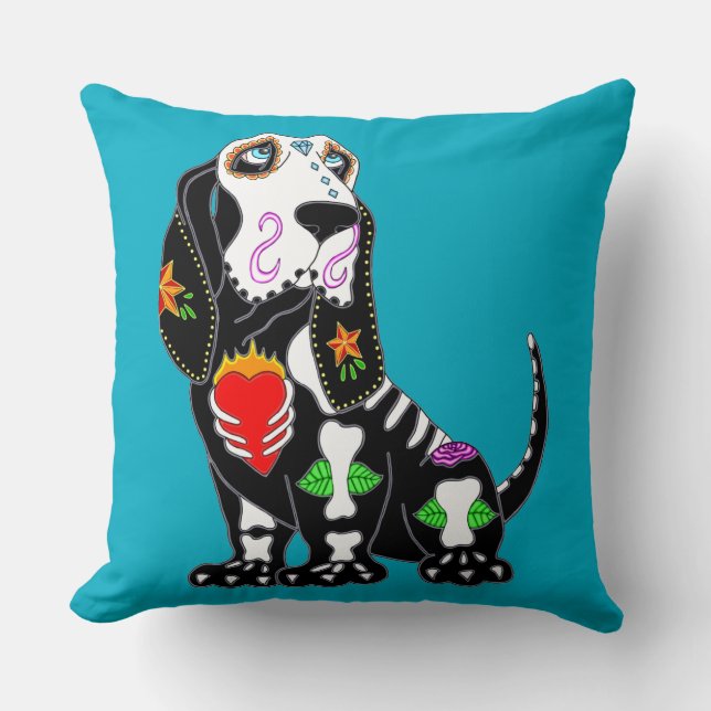 Cojín Decorativo Basset Hound Sugar Skull (Anverso)