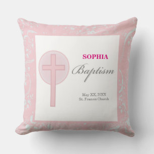 Cojín Decorativo Bautismo Chica de encaje rosado