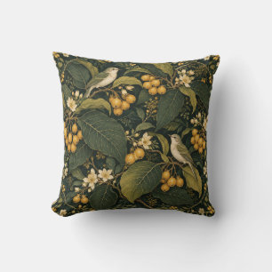 Cojín Decorativo Bayas Doradas Pájaros Cantores Botánica Oscura
