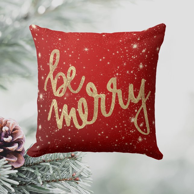 Cojín Decorativo Be Merry - Red and Gold - Navidades (Be Merry - Red and Gold - Christmas Throw Pillow)