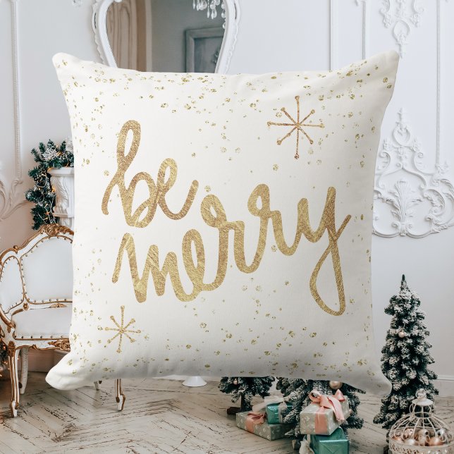 Cojín Decorativo Be Merry - White and Gold - Navidades (Be Merry - White and Gold - Christmas Throw Pillow)