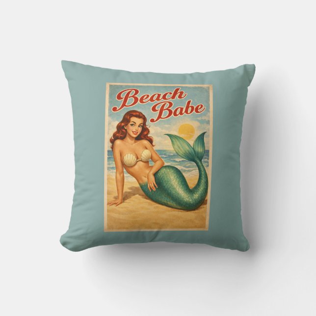 Cojín Decorativo Beach Babe Pin-Up Mermaid Retro Coastal Life Blue (Anverso)