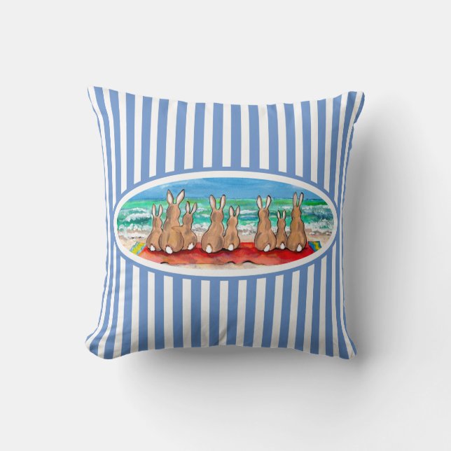 Cojín Decorativo Beach Bunny Rabbit Vacation Blue Stripe Fun & Cute (Anverso)