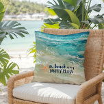 Cojín Decorativo Beach Happy Place Watercolor Ocean Waves Costa<br><div class="desc">Añada un ambiente de playa a su casa con esta acogedora almohada de algodón costera con aguas color turquesa tropical y espuma marina olas oceánicas,  estrella de coral y tipografía de "la playa es mi lugar feliz" en un azul marino. Arte por KL Stock</div>
