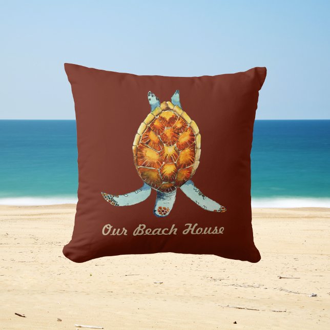 Cojín Decorativo Beach House Pillow with Diving Sea Turtle on Brown (Subido por el creador)
