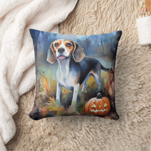 Cojín Decorativo Beagle de Halloween con calabazas espeluznante