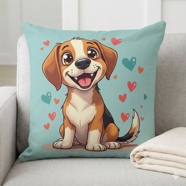 Cojín Decorativo Beagle de Kawaii con perro lúgubre (Cute Kawaii Beagle with Hearts Playful Dog Throw Pillow Mockup A)
