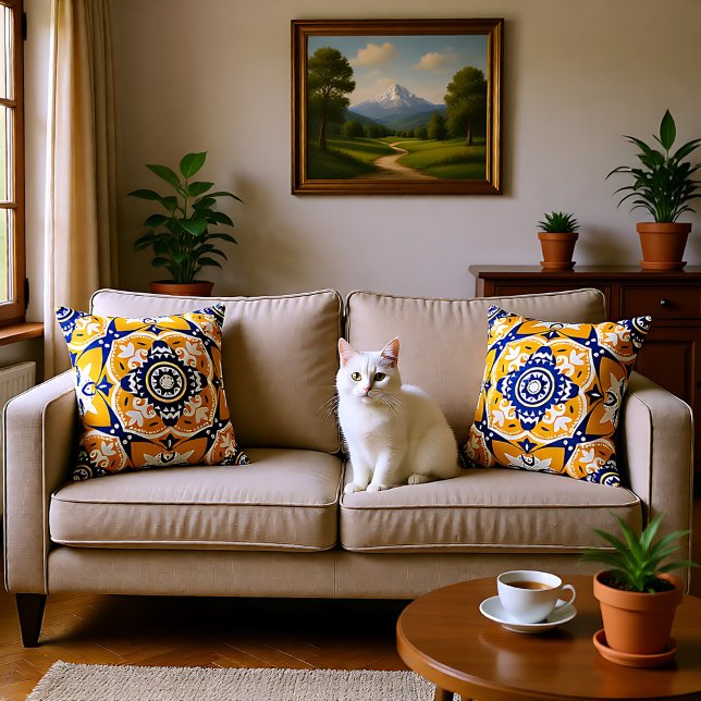 Cojín Decorativo 💛💙🤍 Beautiful blue and yellow Azulejos (💛💙🤍 Beautiful blue and yellow Azulejos Throw Pillow)