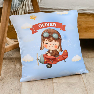 Cojín Decorativo Bebé Aviador Soñador en Avión Rojo