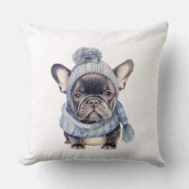 Cojín Decorativo Bebé Bulldog de Invierno en Gorra y Bufanda Azules