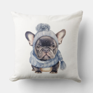Cojín Decorativo Bebé Bulldog de Invierno en Gorra y Bufanda Azules