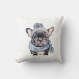 Cojín Decorativo Bebé Bulldog de Invierno en Gorra y Bufanda Azules