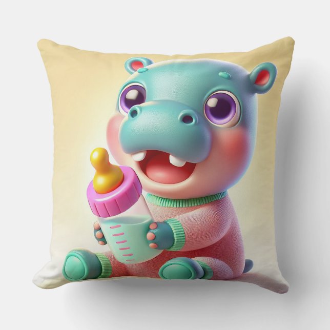 Cojín Decorativo Bebé Cute Hippo Con Frasco De Leche (Anverso)