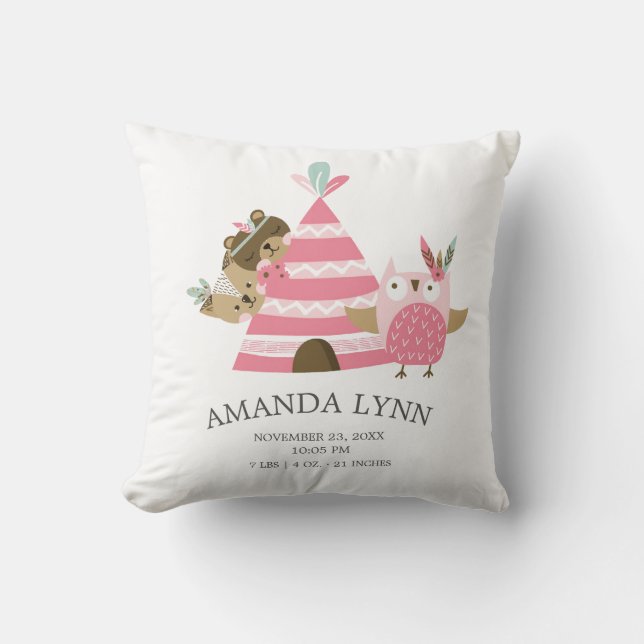 Cojín Decorativo Bebé de animales de bosque tribal (Anverso)
