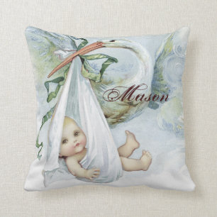 Cojín Decorativo Bebé de cigüeña azul vintage