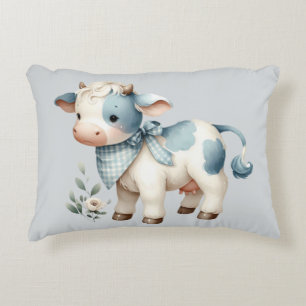 Cojín Decorativo Bebé de Gingham Azul Vaca Pastel Estética de Granj