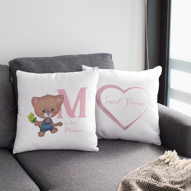 Cojín Decorativo Bebé de peluche rosa blanco rosado (Cute Teddy bear white flower Throw Pillow)