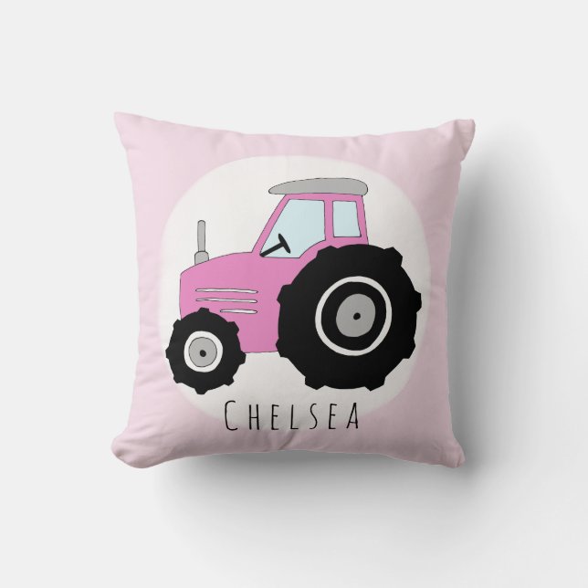 Cojín Decorativo Bebé Doodle Tractor rosa con nombre Nursera (Anverso)
